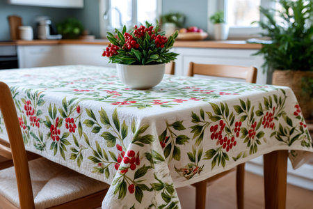 Dining table decorated with a patterned tablecloth and a red berry plant as centerpieceの素材