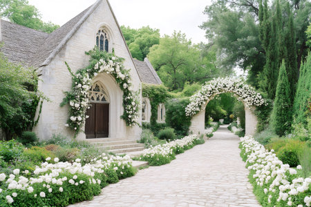 Historic stone chapel and garden pathway adorned with white roses under an archwayの素材
