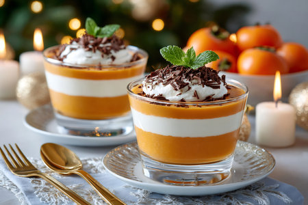 Layered persimmon mousse dessert topping with whipped cream and chocolate shavingsの素材