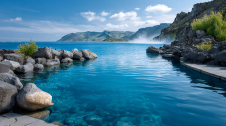 Geothermal pool with clear blue water, lava rocks, and steaming landscape in Icelandの素材