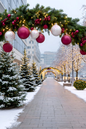 Festive winter decorations with shiny baubles and glowing lights transforming a city streetの素材