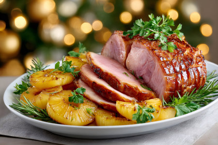 Glazed ham with pineapple rings and fresh herbs served on a plate for a festive mealの素材