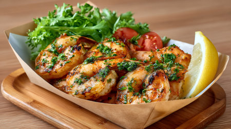 Grilled shrimp served in a paper boat with fresh greens, cherry tomatoes, and a lemon wedgeの素材