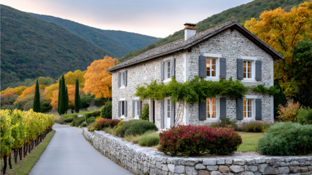 Stone country house with illuminated windows and a vineyard during autumn in the French countrysideの素材
