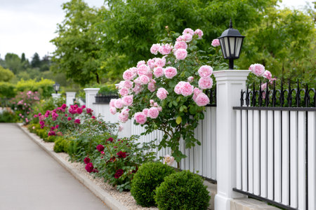 Vibrant pink and red roses blooming on bushes next to a path and white picket fence with a lanternの素材