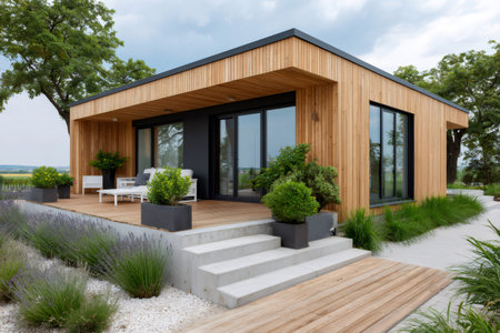 Contemporary residential building integrating natural materials, concrete, and green spacesの素材