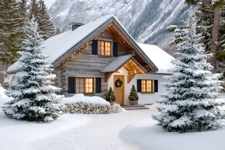Winter wonderland scene featuring a log cabin adorned with festive lights and a Christmas wreathの素材
