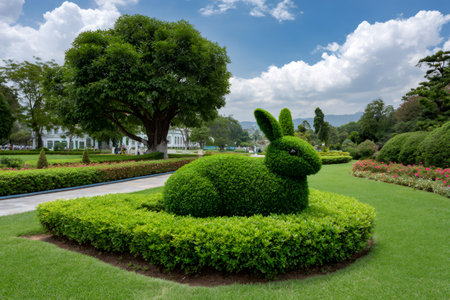 Rabbit shaped topiary sculpture sitting in a formal lush green gardenの素材