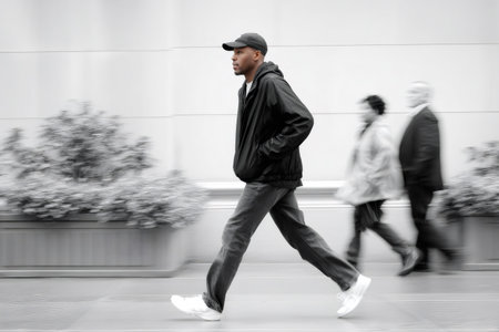 Young man walking quickly on city street with blurred background and peopleの素材