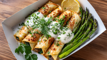 Savory crepes filled with mushrooms and spinach, served with asparagus, sour cream, and fresh herbsの素材