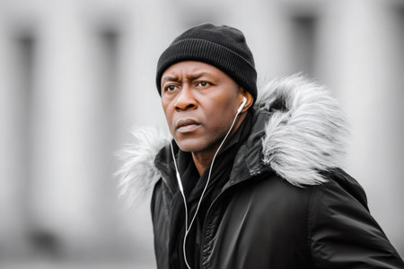 African American man wearing a winter coat enjoying music with earphones outdoorsの素材