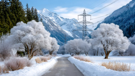 Winter road winding through snowy trees with mountains and a power pylon in the backgroundの素材