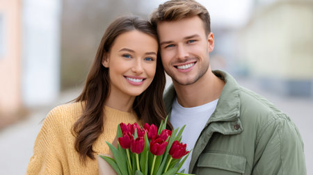 Young man and woman embracing, celebrating romance and affection with flowersの素材