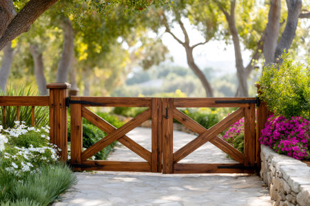Rustic wooden gate closing a stone path surrounded by colorful blooming flowers and green treesの素材