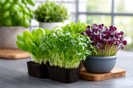 Various colorful microgreens growing in pots and soil blocks, ready for healthy eatingの素材