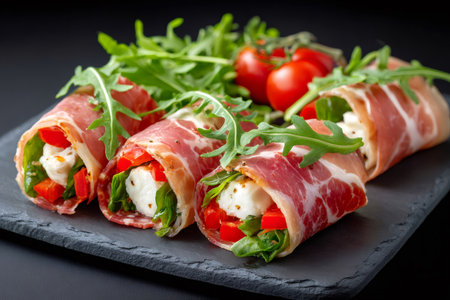 Prosciutto rolls filled with fresh mozzarella, arugula, and red bell pepper on a black slateの素材