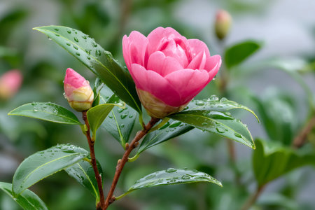 Pink camellia flower and bud opening, leaves glistening with fresh raindropsの素材