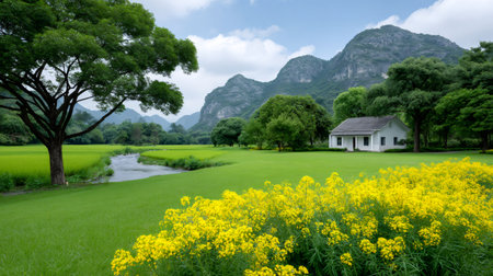 Serene rural landscape featuring a white house, river, trees, and blooming canola fieldsの素材