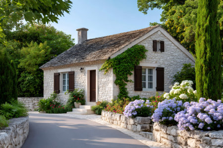 Stone cottage with wooden shutters and a garden path, surrounded by blooming flowersの素材