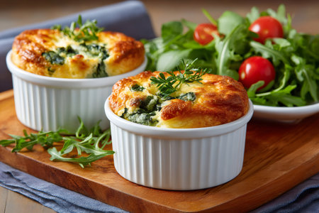 Two individual spinach souffles baking in ramekins served with a fresh green saladの素材