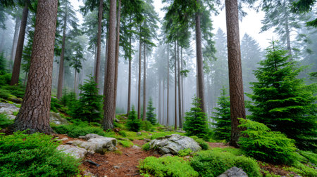 Tall green coniferous trees standing in a misty mountain forest with lush undergrowthの素材