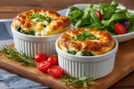 Savory spinach and cheese souffles served with fresh green salad on a rustic wooden boardの素材