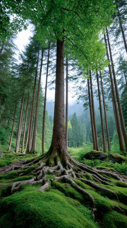Forest floor covered in green moss with large tree roots spread outの素材