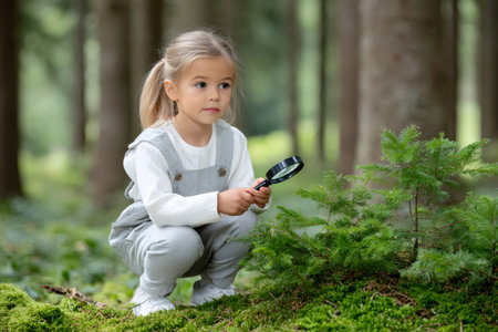 Young girl observing a plant with a magnifying glass in a forestの素材