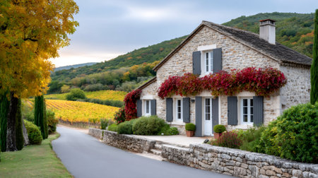 Rustic stone house standing in vineyard countryside with colorful autumn foliageの素材