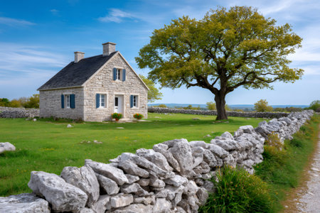 Stone country cottage standing in green grass with an old oak tree and a dry stone wallの素材