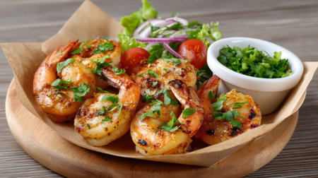 Grilled shrimp are presented with a fresh green salad, cherry tomatoes, and a side of chopped parsleyの素材