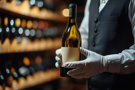 Sommelier wearing white gloves holding a bottle of wine in a dark cellarの素材
