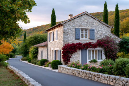 Traditional stone house with blue shutters, red ivy, and cypress trees in picturesque autumn rural settingの素材