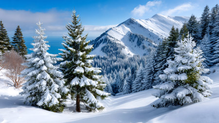 Evergreen trees standing in deep snow with majestic mountains and a blue skyの素材