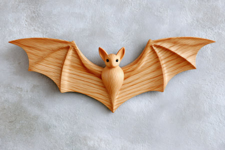 Wooden bat sculpture with textured wings providing home decoration on a gray backgroundの素材