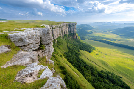 Expansive plateau overlooking a green valley with forests and distant mountain rangesの素材