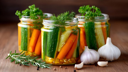 Jars of assorted pickled vegetables with garlic cloves on a wooden tableの素材