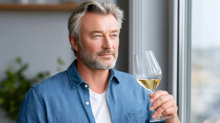 Mature man holding white wine, looking out a window with a thoughtful expressionの素材