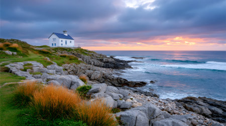 Lighthouse illuminating the dramatic coastal landscape with breaking waves during sunsetの素材