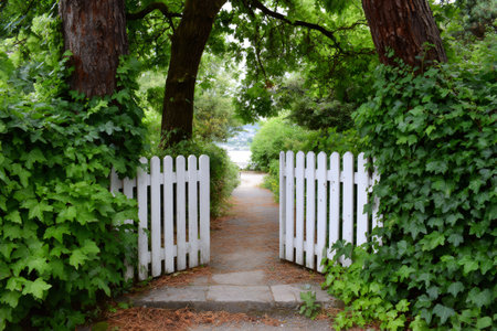 White picket gate opening to a lush garden path with trees and distant lakeの素材