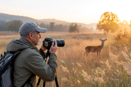 Man photographing deer in a field with a camera on tripod during golden hourの素材