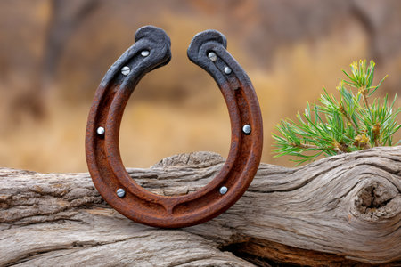 Rusty horseshoe sitting on aged wood with pine branch symbolizing good fortuneの素材