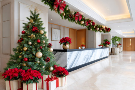 Hotel lobby decorated with Christmas tree, poinsettias, and garland for holiday seasonの素材