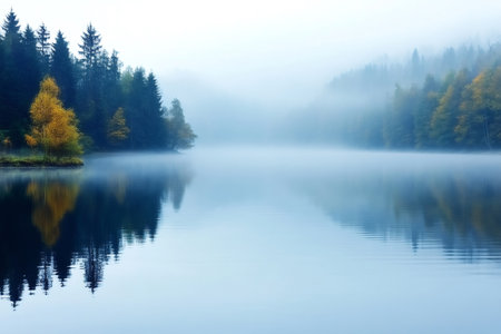 Calm lake water reflecting a forest edge with mist and autumn treesの素材