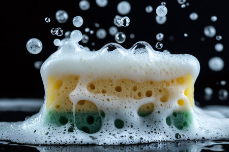 Wet sponge creating white suds and bubbles against a dark background, showing hygiene conceptの素材
