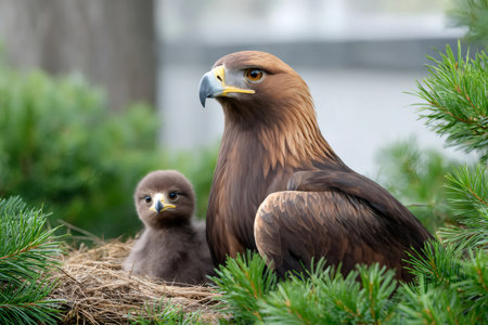 Golden eagle parent bird watching with its cute eaglet in a nestの素材