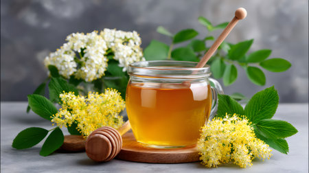 Golden honey in a glass jar with elderflower blossoms and a wooden dipper on a gray backgroundの素材