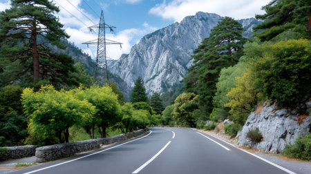 Paved road curving beside a rocky mountain with a power line tower visibleの素材