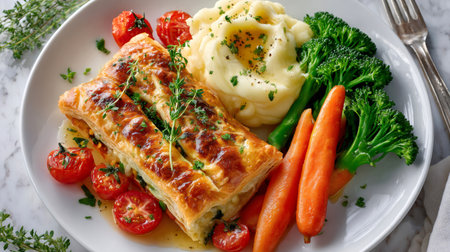 Delicious golden puff pastry meal served with roasted vegetables and creamy mashed potatoesの素材