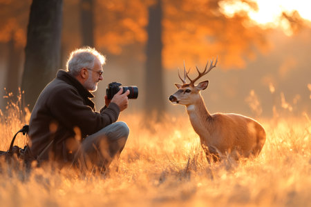 Man kneeling with camera taking a wildlife image of a deer during golden hourの素材